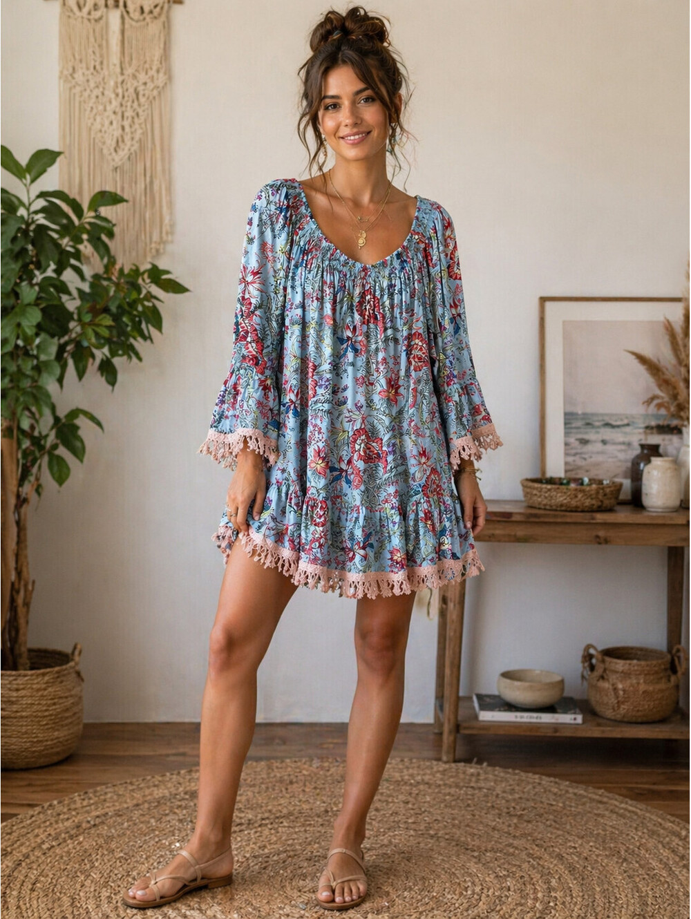 Z & L Women's Europe Boho Fringe Mini Dress Size Large